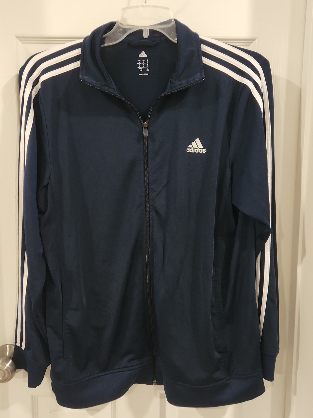 adidas Mens Track Jacket Large L Navy Blue White 3 Stripes Warm Up Tricot Coat